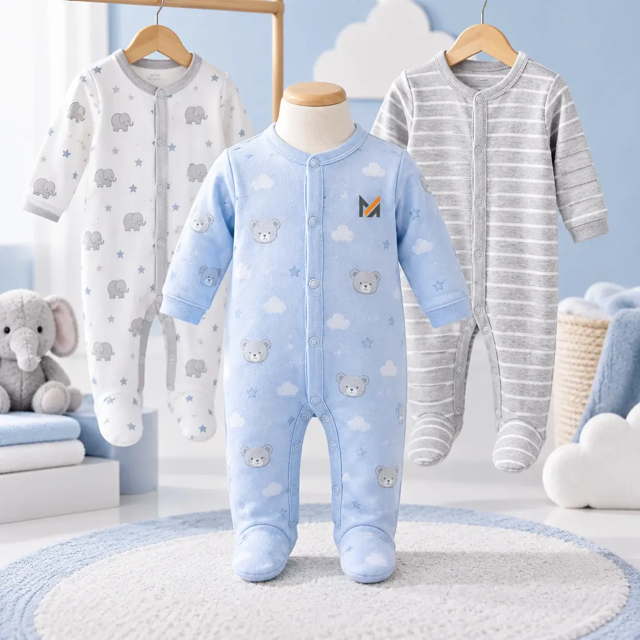 Baby sleepsuits and footed sleepers in blue, white, and gray displayed on a mannequin and hangers, featuring soft printed fabric and a Mega Apparel logo.